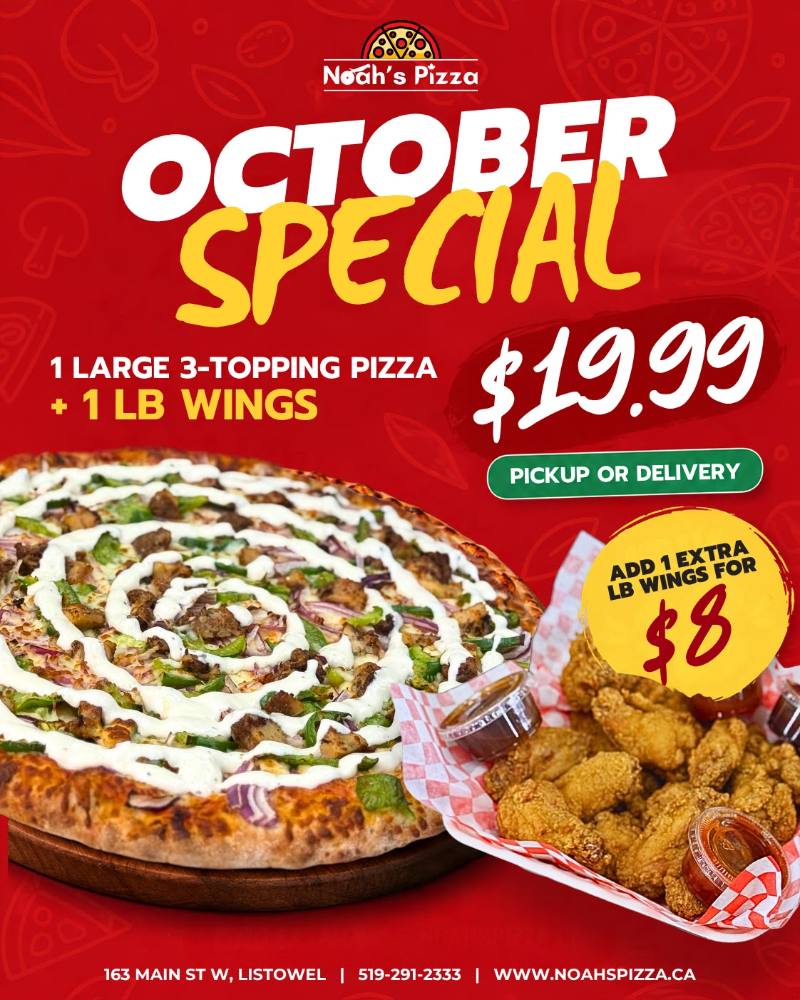 October Special poster: 1 large 3-topping pizza plus 1 lb wings for $19.99